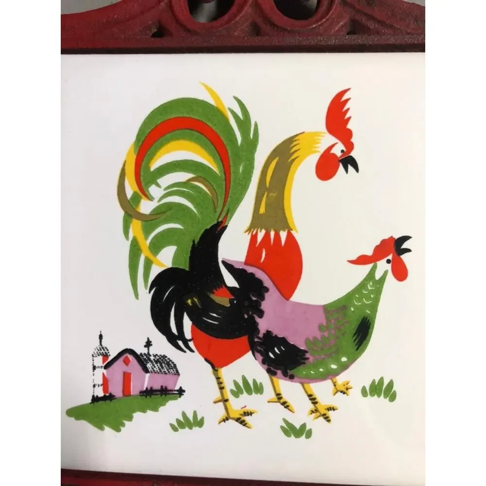 Vintage Cast Iron Rooster & Hen Farmhouse Trivet